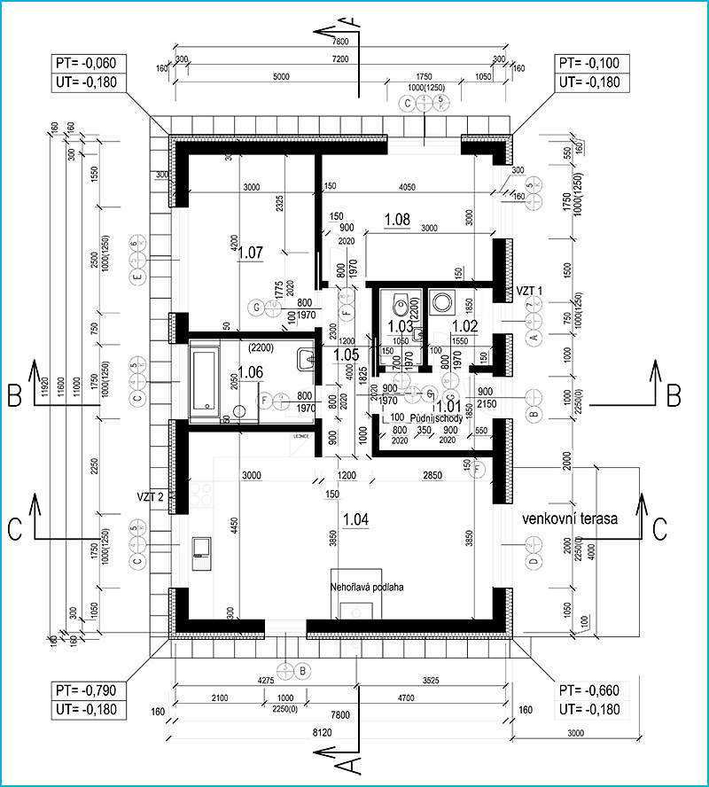 Půdorys rodinného domu ve stupni pro stavební povolení