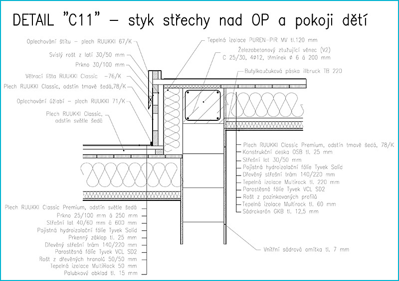 Detail návaznosti střešních rovin ve stupni pro provedení stavby